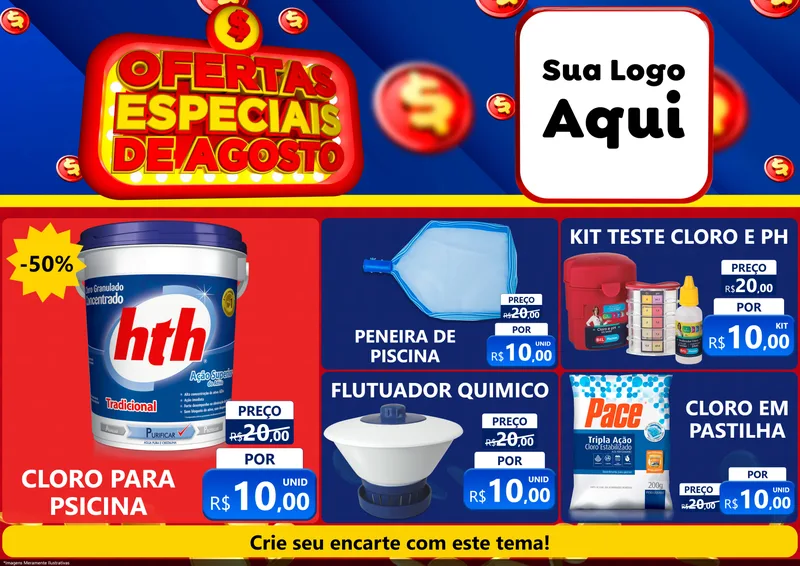 Modelo de Encarte para Encarte A4 Horizontal com o tema Ofertas Especiais de Agosto para Produtos para Piscina