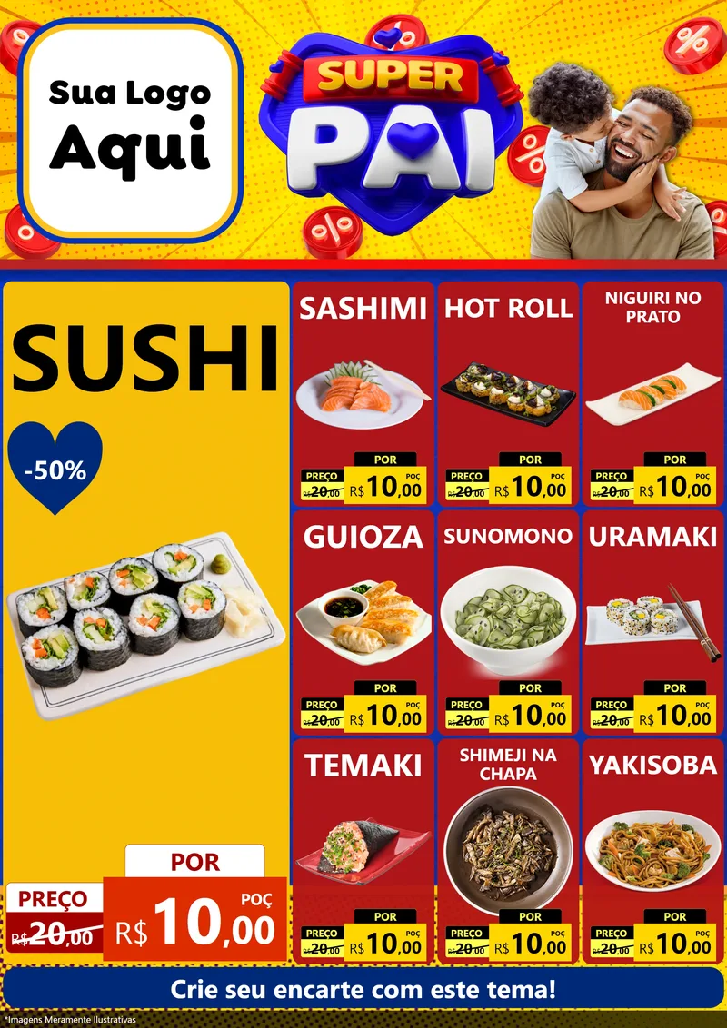 Modelo de Encarte para Encarte A4 Vertical com o tema Super Pai para Comida japonesa