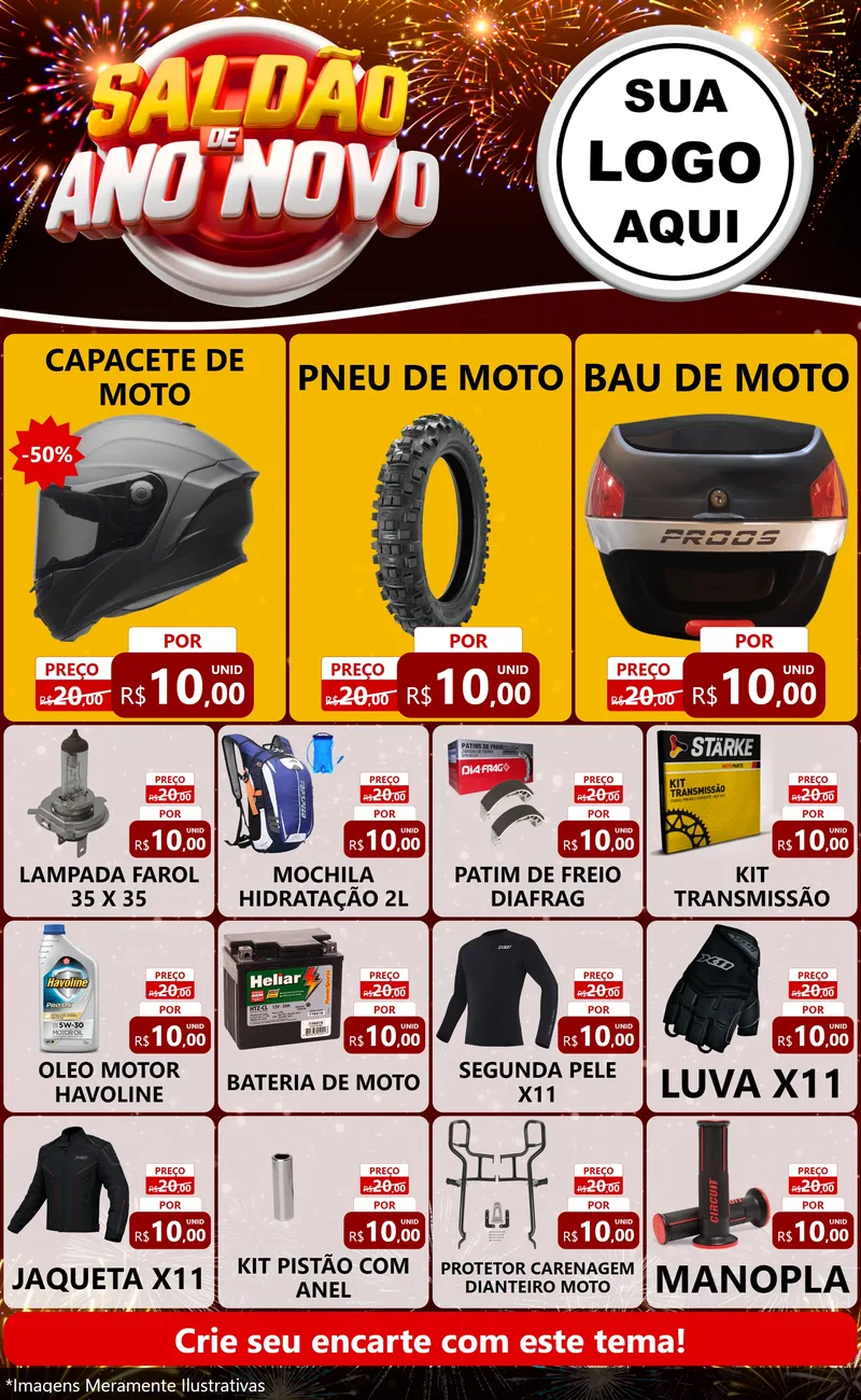 Modelo de Encarte para Encarte Grande com o tema Saldão de Ano Novo para Moto peças
