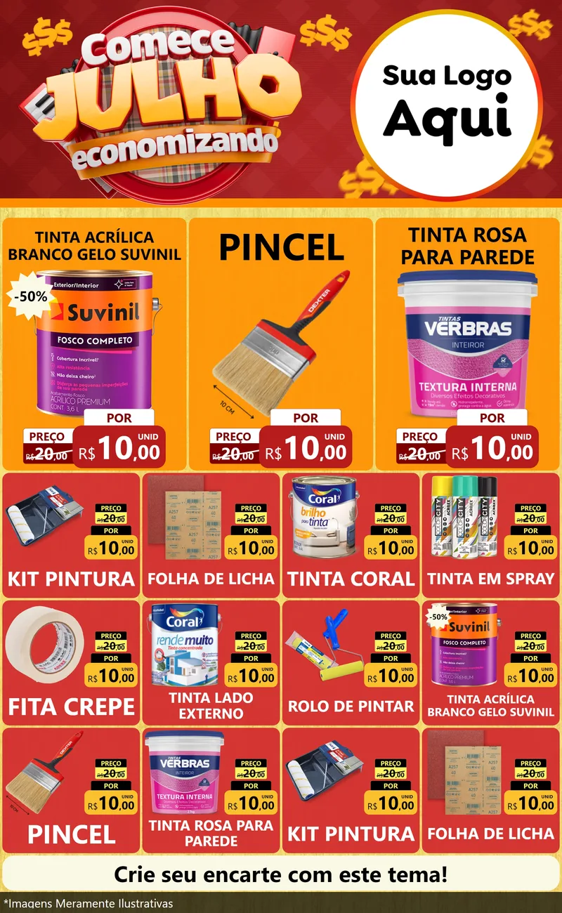 Modelo de Encarte para Encarte Grande com o tema Comece Julho Economizando para Tintas e Ferramentas