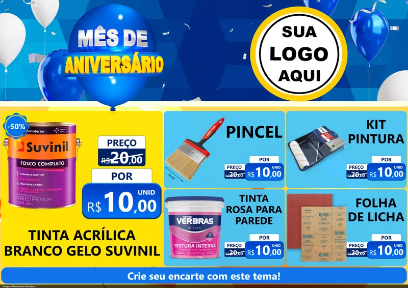 Modelo de Encarte para Encarte A4 Horizontal com o tema Mês de Aniversário para Tintas e Ferramentas