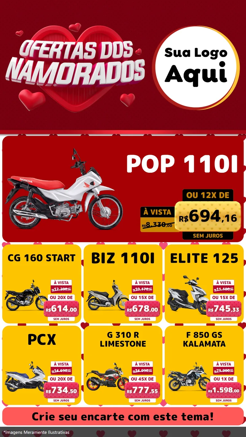 Modelo de Rede Social para Stories com o tema Ofertas Dos Namorados para Concessionaria de Motos