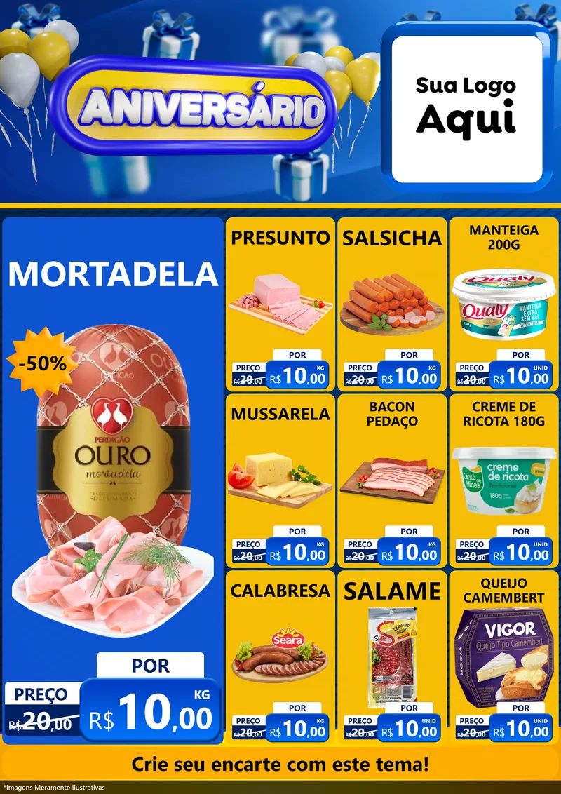 Modelo de Encarte para Encarte A4 Vertical com o tema Aniversário para Frios e Laticínios