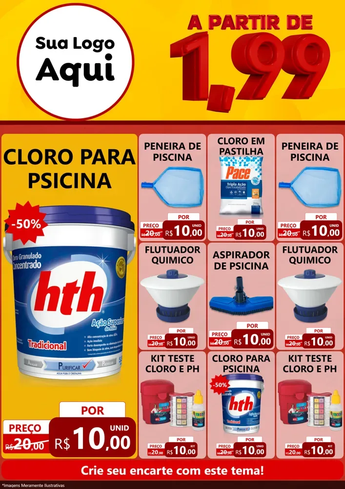 Modelo de Encarte para Encarte A4 Vertical com o tema A Partir de Um e Noventa e Nove - 1,99 para Produtos para Piscina