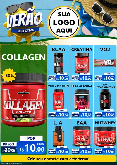 Modelo de Encarte para Encarte A4 Vertical com o tema Verão de Ofertas para Suplementos alimentares