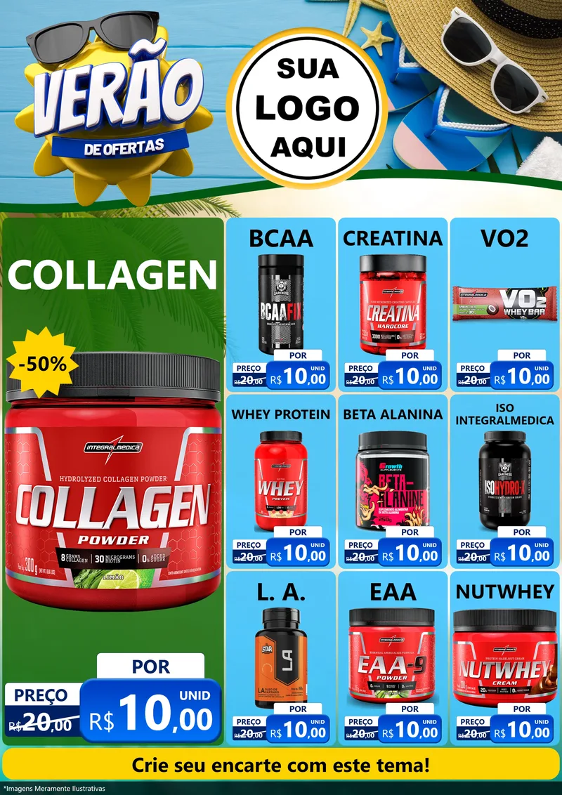 Modelo de Encarte para Encarte A4 Vertical com o tema Verão de Ofertas para Suplementos alimentares