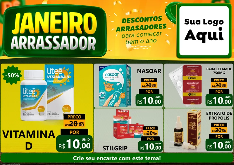 Modelo de Encarte para Encarte A4 Horizontal com o tema Janeiro Arrasador para Farmácia