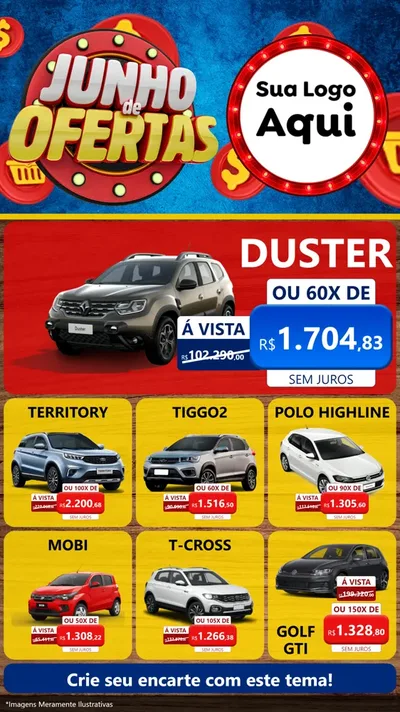 Modelo de Rede Social para Stories com o tema Junho de Ofertas para Concessionaria de Carros