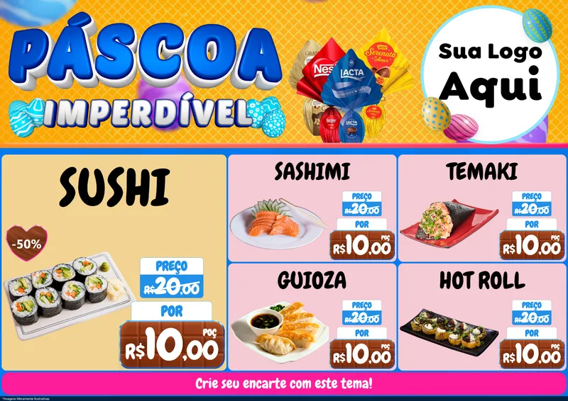 Modelo de Encarte para Encarte A4 Horizontal com o tema Páscoa Imperdível para Comida japonesa