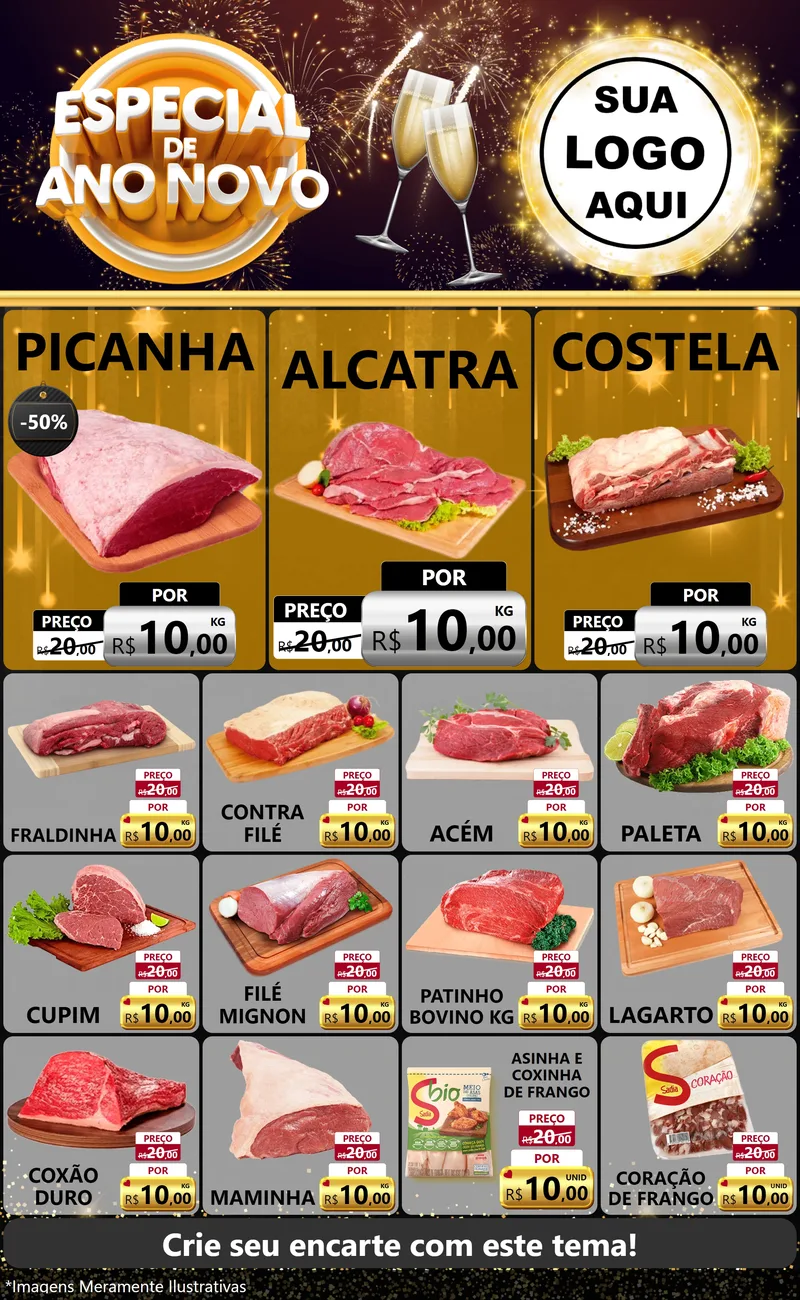 Modelo de Encarte para Encarte Grande com o tema Especial de Ano Novo para Açougue