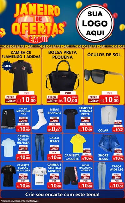 Modelo de Encarte para Encarte Grande com o tema Janeiro de Ofertas É Aqui! para Roupas e acessórios
