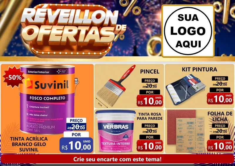 Modelo de Encarte para Encarte A4 Horizontal com o tema Réveillon de Ofertas para Tintas e Ferramentas