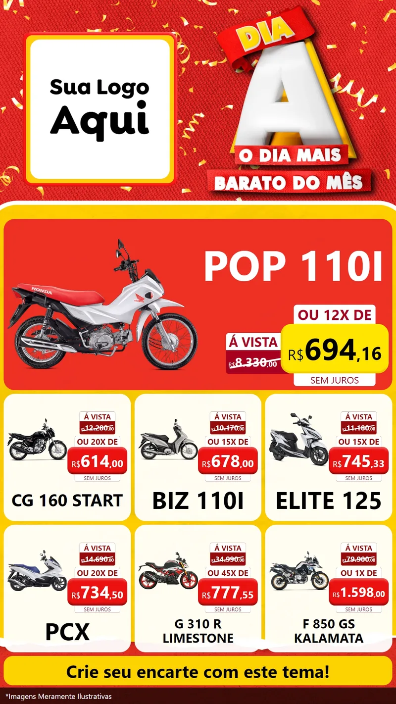 Modelo de Rede Social para Stories com o tema Dia A o Dia Mais Barato do Mês para Concessionaria de Motos