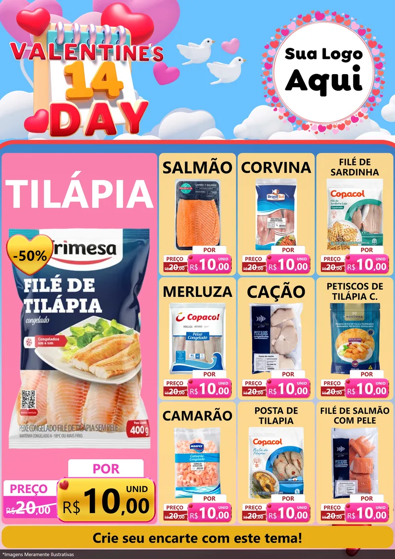 Modelo de Encarte para Encarte A4 Vertical com o tema Valentine's Day para Peixaria