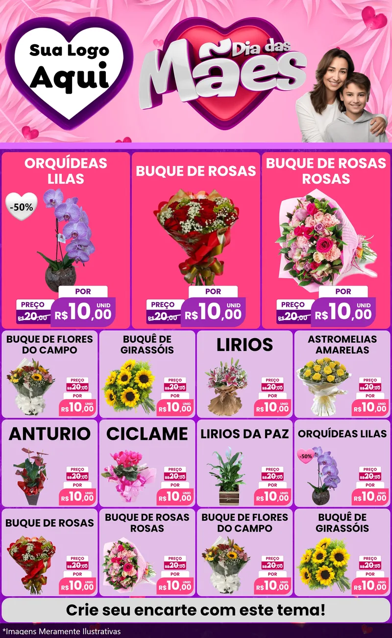 Modelo de Encarte para Encarte Grande com o tema Dia das Mães para Floricultura e jardim