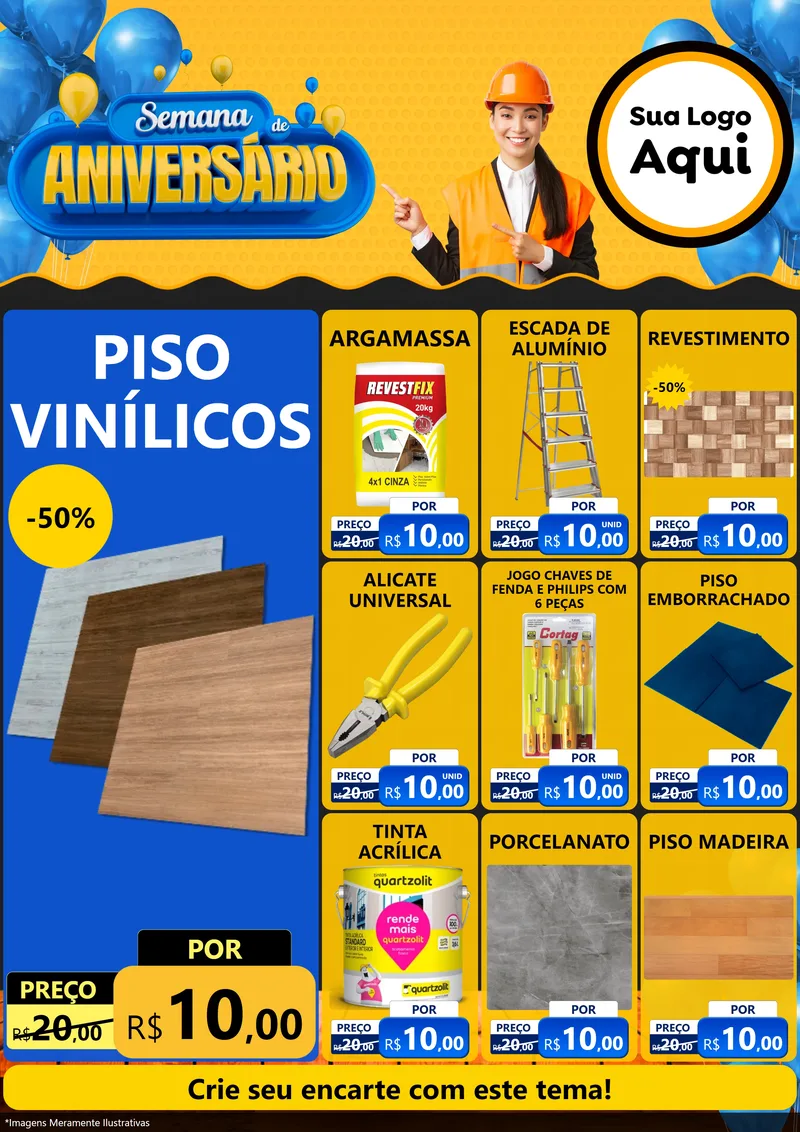 Modelo de Encarte para Encarte A4 Vertical com o tema Semana de Aniversário para Material para Construção