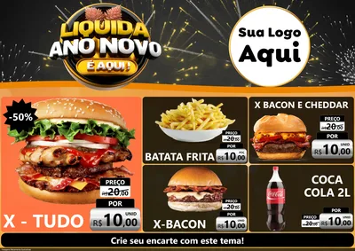 Modelo de Encarte para Encarte A4 Horizontal com o tema Liquida Ano Novo É Aqui! para Hamburgueria
