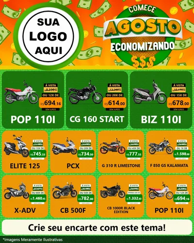 Modelo de Rede Social para Feed Instagram com o tema Comece Agosto Economizando para Concessionaria de Motos
