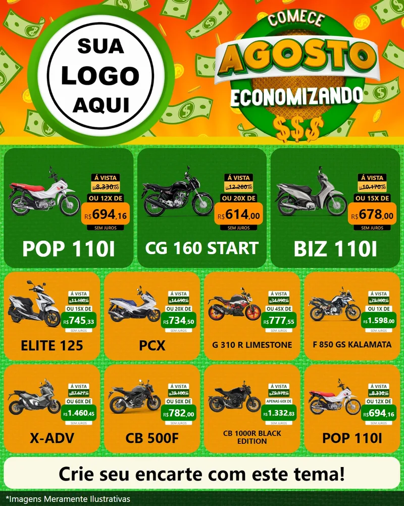 Modelo de Rede Social para Feed Instagram com o tema Comece Agosto Economizando para Concessionaria de Motos