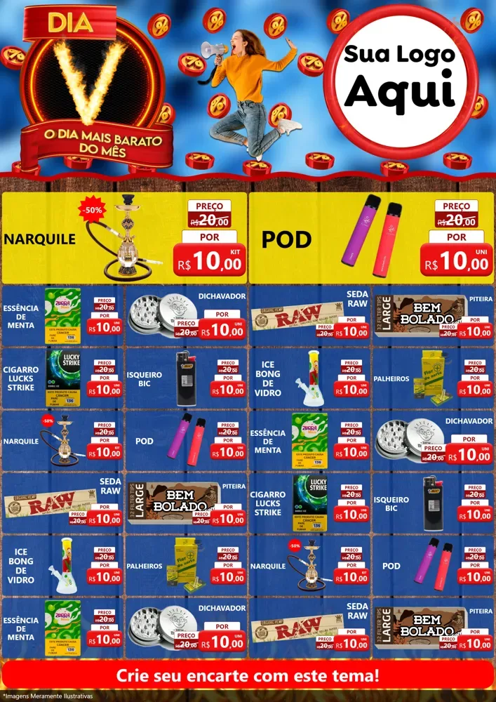 Modelo de Encarte para Encarte A4 Vertical com o tema Dia V - O Dia Mais Barato Do Mês para Tabacaria