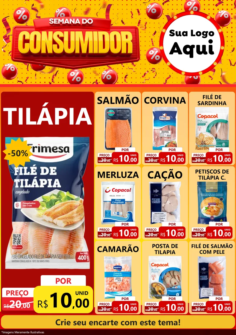 Modelo de Encarte para Encarte A4 Vertical com o tema Semana do Consumidor para Peixaria