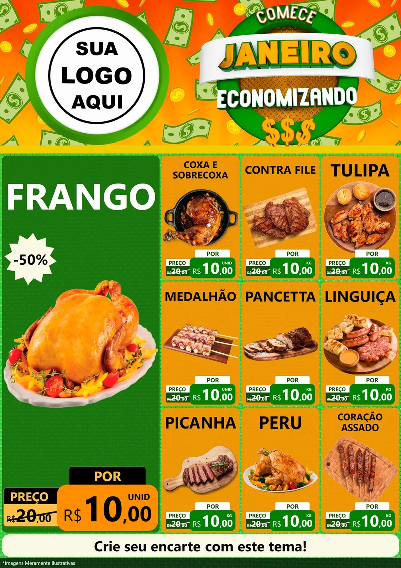 Modelo de Encarte para Encarte A4 Vertical com o tema Comece Janeiro Economizando para Assados