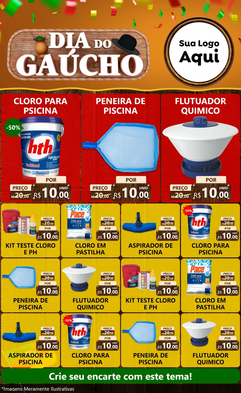 Modelo de Encarte para Encarte Grande com o tema Dia do Gaúcho para Produtos para Piscina