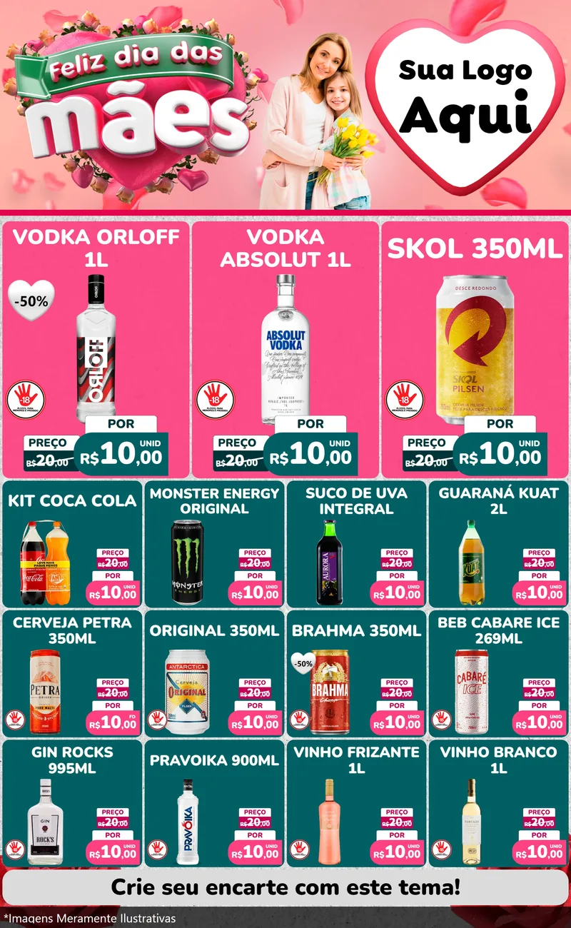 Modelo de Encarte para Encarte Grande com o tema Feliz Dia das Mães para Distribuidora de bebidas