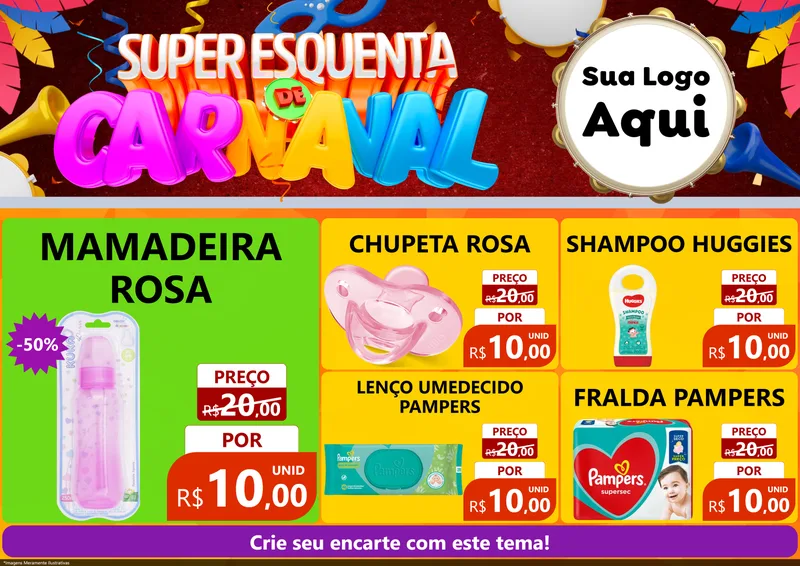 Modelo de Encarte para Encarte A4 Horizontal com o tema Super Esquenta de Carnaval para Bebês