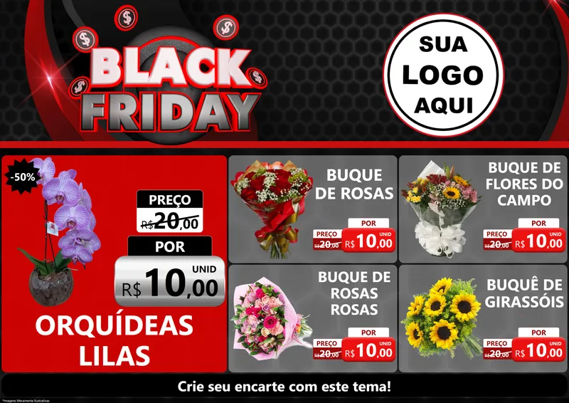 Modelo de Encarte para Encarte A4 Horizontal com o tema Black Friday para Floricultura e jardim