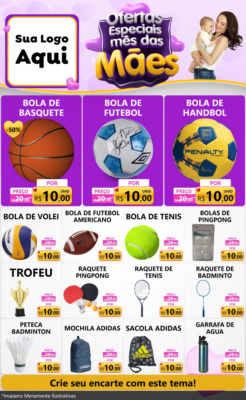 Modelo de Encarte para Encarte Grande com o tema Ofertas Especiais - Mês das Mães para Artigos Esportivos