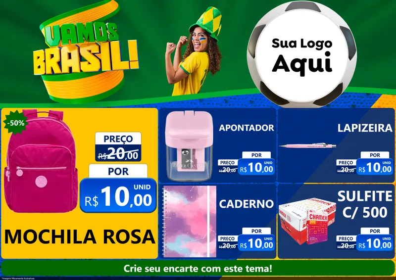 Modelo de Encarte para Encarte A4 Horizontal com o tema Vamos Brasil - Copa para Papelaria