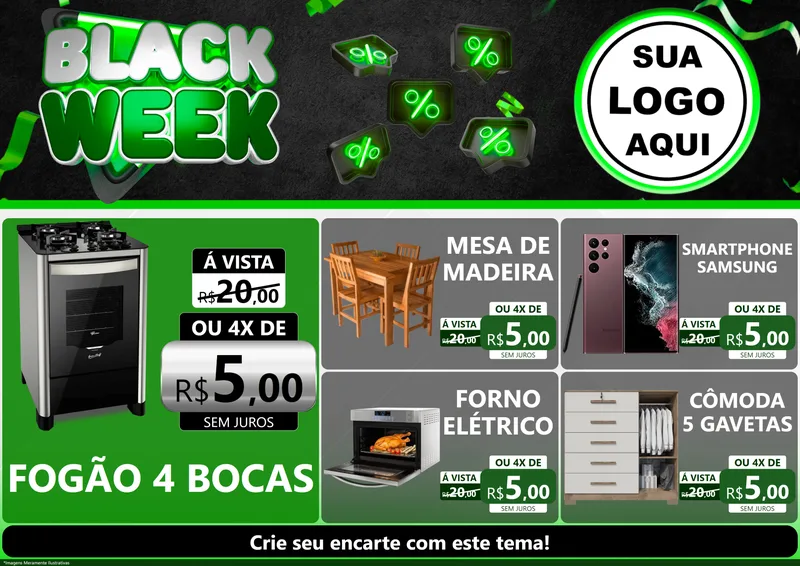 Modelo de Encarte para Encarte A4 Horizontal com o tema Black Week para Móveis e Eletro
