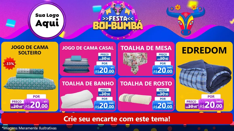 Modelo de TV para TV Horizontal com o tema Festa Boi-Bumbá para Cama, Mesa e Banho
