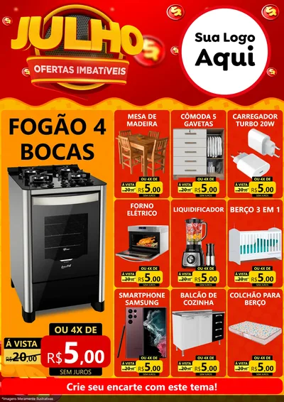 Modelo de Encarte para Encarte A4 Vertical com o tema Julho Ofertas Imbatíveis para Móveis e Eletro