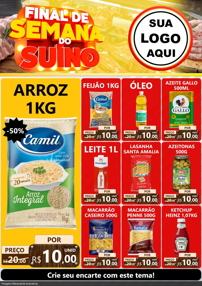 Modelo de Encarte para Encarte A4 Vertical com o tema Final de Semana do Suíno para Supermercado