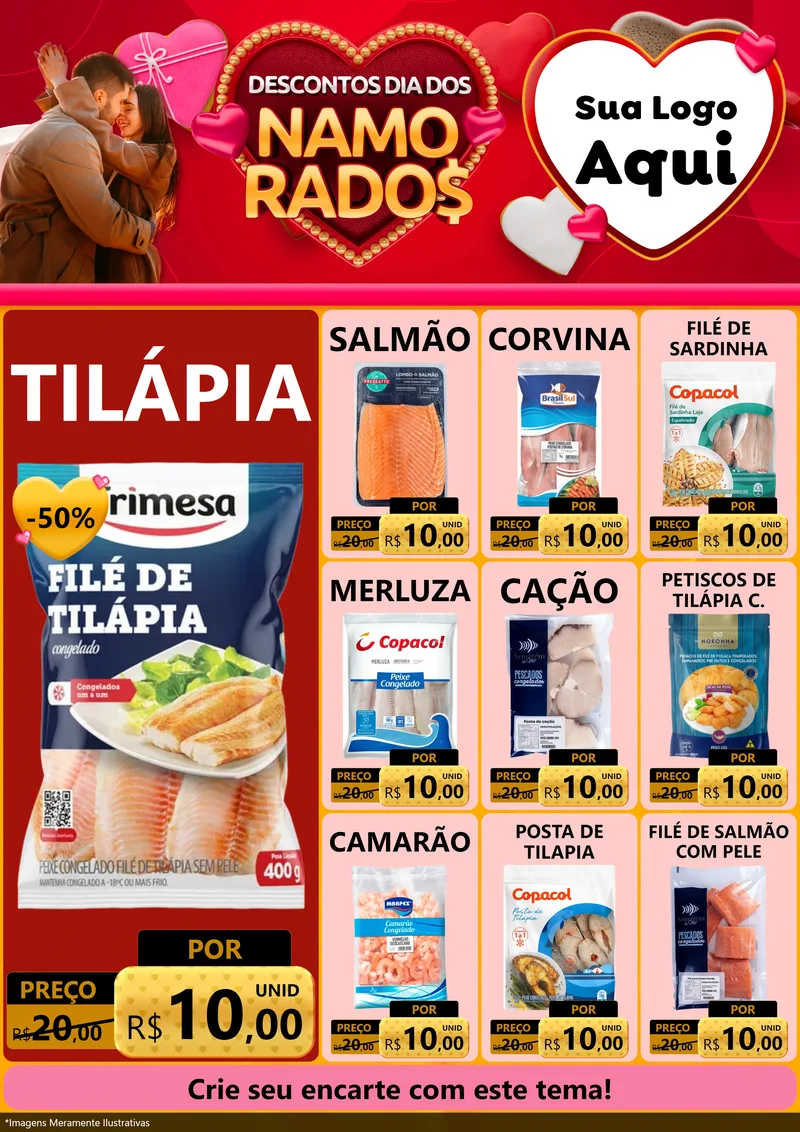 Modelo de Encarte para Encarte A4 Vertical com o tema Descontos Dia dos Namorados para Peixaria