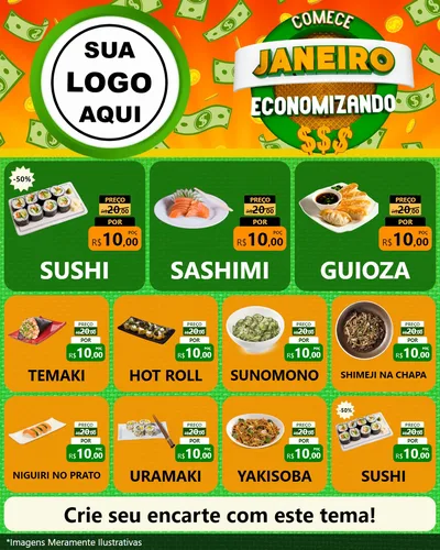 Modelo de Rede Social para Feed Instagram com o tema Comece Janeiro Economizando para Comida japonesa