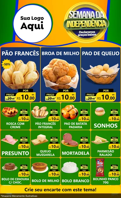 Modelo de Encarte para Encarte Grande com o tema Semana da Independência Declaramos Preços Baixos para Padaria