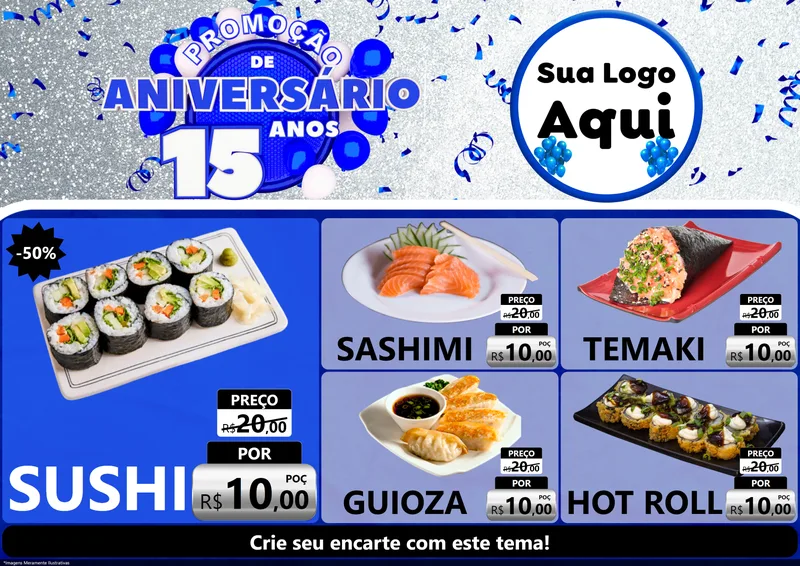 Modelo de Encarte para Encarte A4 Horizontal com o tema Promoção de Aniversário - 15 Anos para Comida japonesa