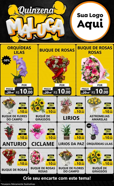 Modelo de Encarte para Encarte Grande com o tema Quinzena Maluca para Floricultura e jardim