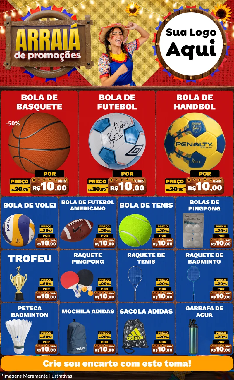 Modelo de Encarte para Encarte Grande com o tema Arraiá de Promoções para Artigos Esportivos