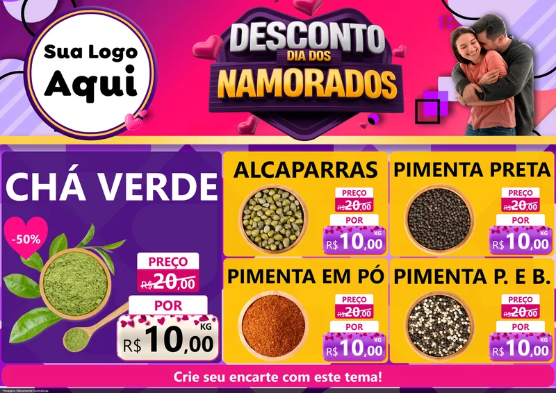 Modelo de Encarte para Encarte A4 Horizontal com o tema Desconto Dia dos Namorados para Produtos Naturais