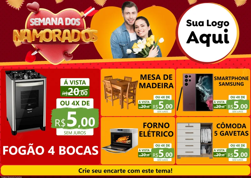 Modelo de Encarte para Encarte A4 Horizontal com o tema Semana dos Namorados para Móveis e Eletro