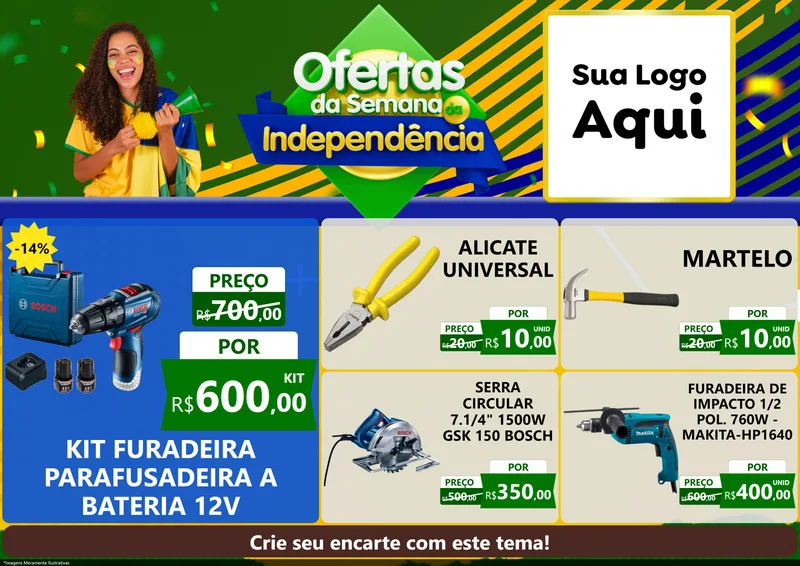Modelo de Encarte para Encarte A4 Horizontal com o tema Ofertas da Semana da Independência para Maquinas e Ferramentas