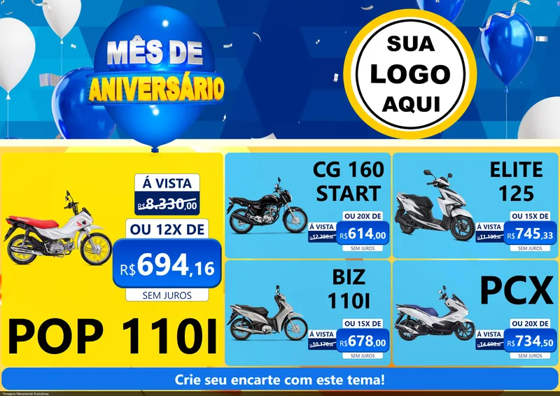 Modelo de Encarte para Encarte A4 Horizontal com o tema Mês de Aniversário para Concessionaria de Motos