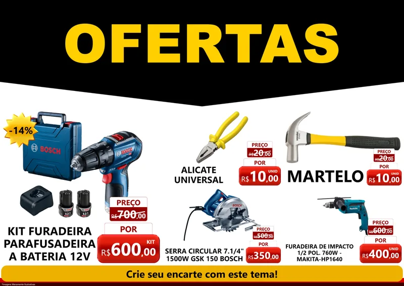 Modelo de Encarte para Encarte A4 Horizontal com o tema Ofertas Preto e Vermelho Cartaz para Maquinas e Ferramentas