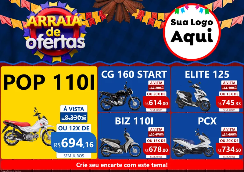 Modelo de Encarte para Encarte A4 Horizontal com o tema Arraiá de Ofertas para Concessionaria de Motos