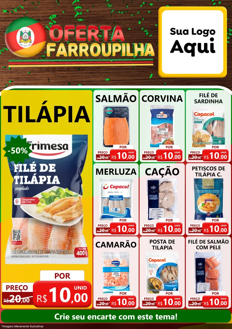 Modelo de Encarte para Encarte A4 Vertical com o tema Oferta Farroupilha para Peixaria