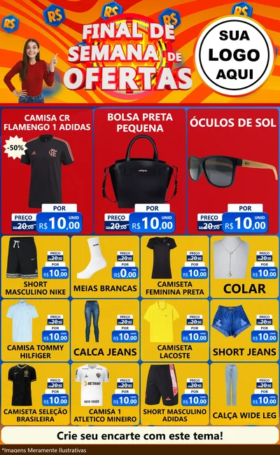 Modelo de Encarte para Encarte Grande com o tema Final de Semana de Ofertas para Roupas e acessórios